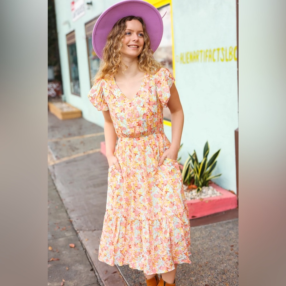 Lovely In Peach Floral Print Elastic Waist Ruffle Midi Dress